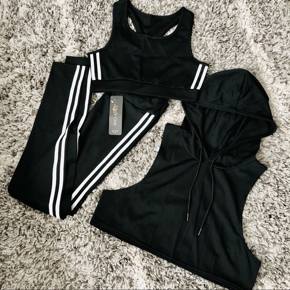 Black Striped Legging Bra Crop Top 3PC Active Set - Picture 9 of 9